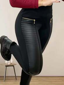 High Quality PU Leather Patchwork Casual High Waist Elastic Pencil Pants, Autumn/Winter - Black - View 4