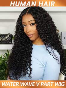 V 型假发，水波纹，人发，机器制造，湿发波浪形，V 型假发，适合女士，自然色，密度 180%