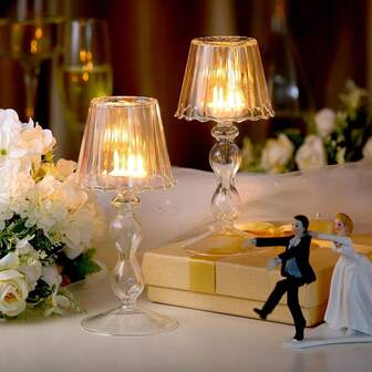 Light Luxury Glass Candlestick Lamp High-Leg Striped Wedding Table Decoration European Retro Bedside Table Lamp Creative Home Atmosphere Ornaments