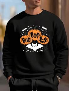 Men'S Halloween Pumpkin & Bat Print Sweatshirt - Cozy Fleece-Lined Long Sleeve Crew Neck Pullover, Casual Fall-Winter Top With BOO Design,Fall Hoodies,Men's Fall Clothes,Street Wear,Halloween,Mens Hoodies,Y2k Clothes,Jesus Hoodie,Thanksgiving Day,Nightmare Before Christmas,Christmas - màu đen - Xem 1
