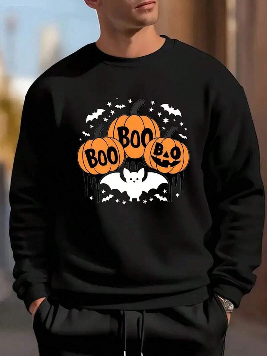 Men'S Halloween Pumpkin & Bat Print Sweatshirt - Cozy Fleece-Lined Long Sleeve Crew Neck Pullover, Casual Fall-Winter Top With BOO Design,Fall Hoodies,Men's Fall Clothes,Street Wear,Halloween,Mens Hoodies,Y2k Clothes,Jesus Hoodie,Thanksgiving Day,Nightmare Before Christmas,Christmas - màu đen - Xem 1