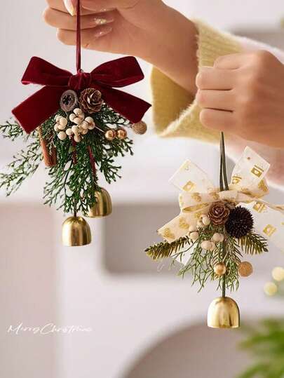 Christmas Bells, Velvet Bow Pine Cone Bell Pendant, Christmas Bell Door Hangings, Home Decoration, Suitable For Decorating Door Handles, Living Room Hangings, Christmas Tree Decorations, Holiday Tree/Door/Wall Hangings, Diy Decorations, Living Room Hangings, Christmas Tree Decorations. Christmas Decorations Winter Room Decor Christmas Decorations Home Christmas Gifts Christmas Decor