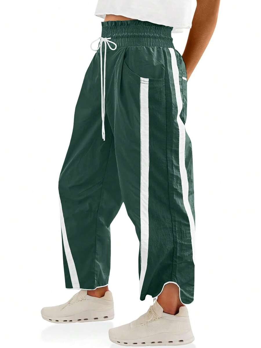 Women's Y2K Everyday Casual Pants Active Workout Contrast Color Drawstring Elastic Waist Loose Wide-Leg Athletic Trousers - 綠色 - 查看 1