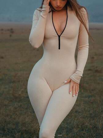 Mystra Women's Casual Contrast Ribbed Zip-Up Jumpsuit