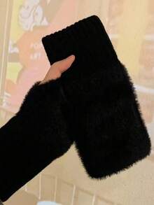 1 Pair Women Faux Fur Half Finger Gloves, Soft Warm Luxury Solid Color Knitted Fingerless Gloves, Wool Blend Half Finger Gloves, Knitted Wrist Exposed Finger Gloves, Multi-Functional Touchscreen, Suitable For Office, Students Writing