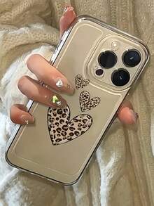 1 pieza Funda de teléfono transparente de TPU a prueba de golpes con estampado de leopardo en forma de corazón, compatible con iPhone 17/16/15/14/13/12/11 Pro Max, A55/54/53/52/51, S25/24/23/22/21 Ultra, unisex