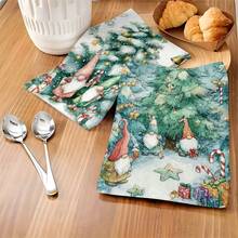 1 set/2 piezas/100 piezas Paños de cocina y paños de platos con estampado de enanos y árboles de Navidad, adecuados para decoración de interiores en restaurantes, cocinas, baños, decoración de fiestas, regalos navideños y pueden ser entregados como regalos de Navidad - Multicolor - Ver 4
