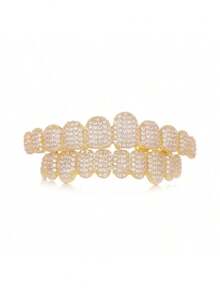 1/2 SZTUKI Hip Hop Błyszcząca 18-karatowa złota cyrkonia sześcienna Złota ozdoba na zęby Teen Grilz Grills 10 zębów Górne i dolne ozdoby na zęby Punk Bransoletki Halloween Cosplay Rap Piękna biżuteria Pozłacane wysokiej klasy aparaty ortodontyczne z pełnym diamentem, HipHop Transgraniczna moda hip-hopowa, Super lśniące złote aparaty ortodontyczne, Najlepiej sprzedające się oryginalne produkty w Europie i Ameryce