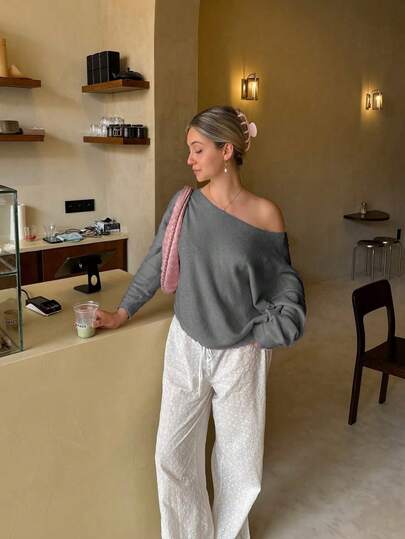 كنزة صوفية محبوكة للنساء من VIBEWAVE، مجموعة خريف/شتاء 2025 الجديدة، بأكمام طويلة وكتف مائل