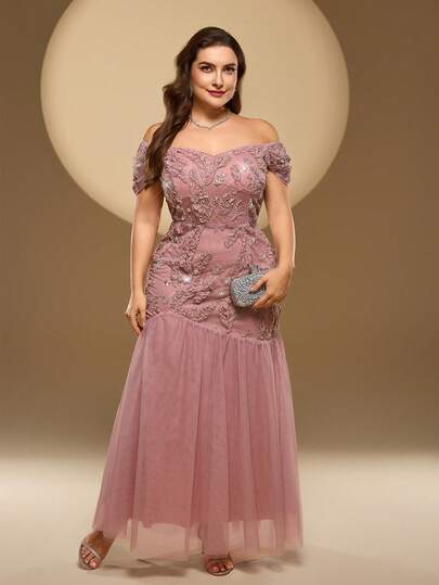 Vestido de mujer talla grande con hombros descubiertos, unicolor, con bordado de cuentas pesado, artesanía de aplicaciones, dobladillo de malla, etéreo y asimétrico, adecuado para múltiples ocasiones, tela suave para vestido de noche, banquete