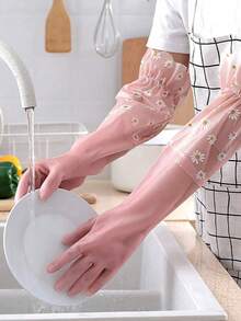 3/1pc Silicone Cleaning Gloves, Washing Gloves, Dishwashing Gloves With Extended Cuffs, Kitchen, Bathroom, Home Supplies, Easy To Clean, Suitable For Kitchen, Bathroom, Home - Pink - View 1
