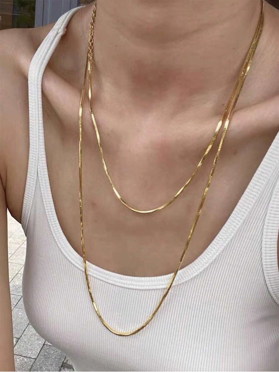 1pc Fashionable Minimalist Extra Long Golden Stainless Steel Snake Bone Necklace, Layered Wear For Sweaters, Suitable For Women's Daily, Festival, Party Matching And Gift
