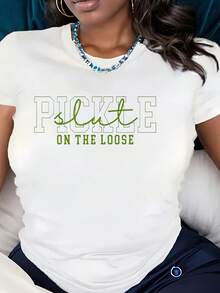 Plus Size Women's Short Sleeve T-Shirt With Pickle On The Loose Green Text Graphic - Casual Wear For Pickleball Enthusiasts And Fun Outings,220g - 白色 - 查看 1