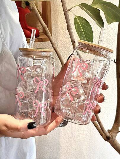 1 Piece Bow Printed Water Cup With Lid And Straw, 16 Oz Canned Water Cup, Ice Coffee Cup, Suitable For Tea, Juice, Milk, Birthday Gift, Suitable For Office, Restaurant, Classroom, Picnic, Party, Valentine's Day And New Year.