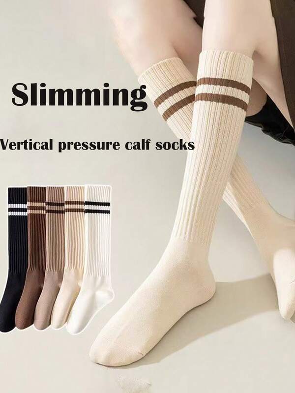 1 paire de chaussettes mi-mollet rayées pour femmes, chaussettes côtelées de style rétro, chaussettes longues chaudes pour l'automne/l'hiver, chaussettes tricotées polyvalentes multicolores