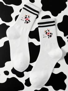 1/5/10 双可爱的中筒袜，带有可爱的奶牛图案，简单的黑白条纹奶牛白色袜子是农场家庭的必备品，柔软而俏皮，女士袜子，女士袜子，白色袜子，白色双条纹袜子 - 彩色 - 查看 7