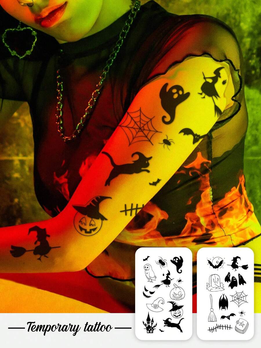 1 Piece Of Halloween Funny Witch Ghost Pumpkin Bat Spider Web Halloween Night Decoration Temporary Tattoo Sticker Suitable For Cosplay Halloween Cartoon Decoration Party Tattoo Waterproof And Sweatproof Suitable For People