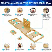 Retractable Bamboo Bathtub Caddy,Bathroom Caddy For Bathside Entertainment & Storage,Bathroom Tray For Tub Side Dining & Device Viewing, Minimalist Look