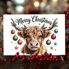1pc Funny Highland Cattle Christmas Card - Festive Red & Green Holiday Greeting Card With Antlers, Perfect For Birthdays, Thanksgiving, Halloween, And Any Occasion, Ideal Gift For Friends, Family, And Besties, Festive Greeting Card | Playful Design | Durable Paper, Christmas Decorations, Highland Cow Christmas Card, Highland Cow Card, Dog Welcome Banner