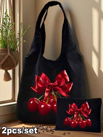 Kawaii Czerwona Kokardka Wiśniowa Torba na Ramię z Płótna z Nadrukiem, Y2k, Torba z Nadrukiem w Czarnym Topie i Czarną Torebką, Spersonalizowana Torba na Prezent Ślubny dla Druhen, Kosmetyczka, Prosta Torba Podróżna do Przechowywania