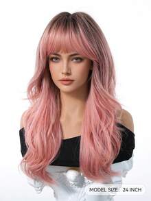 24 Inch Long Wavy Wigs With Bangs Dark Roots Brown Wigs For Women Brown Ombre Hair With Blonde Wigs,Heat-Resistant Synthetic Wigs For Daily Party Cosplay Wigs - Pink Ombre - View 5