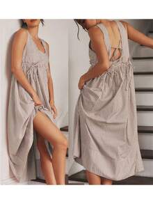 Women's Sleeveless Dress Scoop Neck Plaid Print Loose Dress - 卡其色 - 查看 3