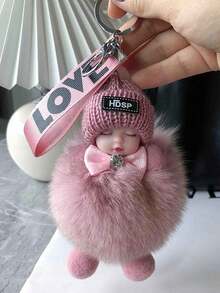 1个卡通钥匙扣，人造毛皮材质，圆形金属设计，女士装饰钥匙圈，带扣，适合装饰包包和车钥匙，情人节完美礼物，单包装