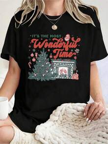 Plus Size Christmas Graphic Tee Women's It's The Most Wonderful Time With Festive Tree And Fireplace Design For Holiday Season 220g