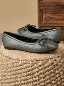 MonaNise Women's Fashion Square Toe Low Vamp Apricot Bow Flat Shoes, Black & White Outdoor Casual High-End Khaki Versatile Flats - Grey - View 4
