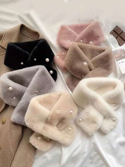 1pc Women's Warm Fuzzy Criss-Cross Pearl Thick Versatile Neck Warmer, Winter