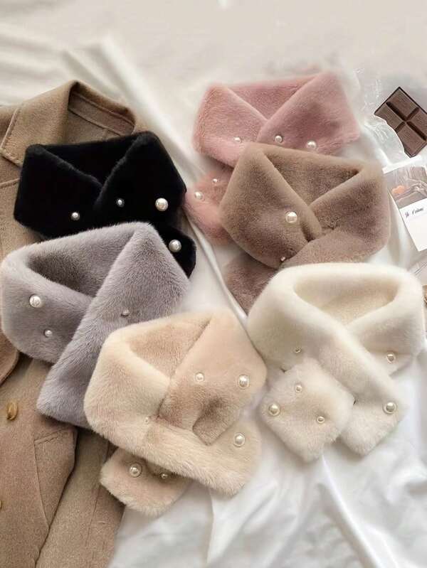 1件装女士保暖毛绒交叉珍珠加厚多功能围脖，冬季连衣裙适用