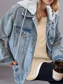 Women's Hooded Denim Jacket, Oversized Retro Denim Jacket, Elastic And Loose, Comfortable And Lightweight - L - View 6