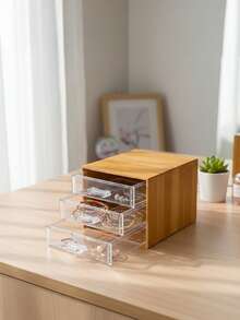 Elegancki organizer na kolczyki z bambusową ramką, pyłoszczelny, z przezroczystą szufladką, wielowarstwowe przechowywanie biżuterii na klipsy i kolczyki, stylowa gablota na pierścionki i naszyjniki, idealny prezent dla niej, stylowe rozwiązanie do organizacji biżuterii, idealne na prezenty świąteczne i codzienny glamour