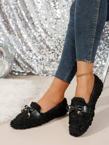 女士一脚蹬休闲运动平底鞋，时尚百搭舒适黑色蝴蝶结鞋，纯色绒面平底户外鞋，学院风 - 黑色 - 查看 3