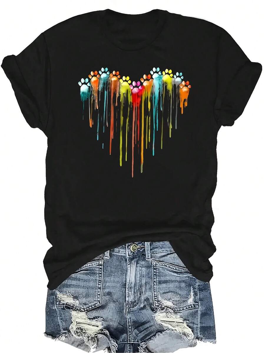 [Camiseta de moda casual] Camiseta de mujer suave y cómoda - Diseño de arte de gotas de color casual de manga corta y cuello redondo, regalo perfecto para la abuela y la mamá, uso casual de primavera y verano - Negro - Ver 1