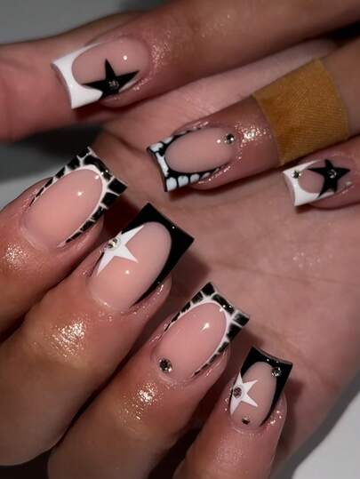 24 Pieces Of Black And White Nails, Square Press-On Nails, Black And White French Leopard Print Nails, Five-Pointed Star Pattern Design,Include: 1pc Jelly Glue And 1pc Nail File,For Woman & Girl Daily Wear Rave Party Use Nail Supplies Nails.