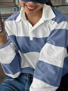 T-shirt polo à manches longues avec imprimé rayé à la mode pour femmes, décontracté et sportif pour l'automne - Bleu et Blanc - Voir 2