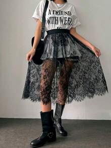 1 Piece Of Chiffon Dress, Lace Petticoat, Elastic Band Beach Dress (No Underwear), Women's Autumn Outfit