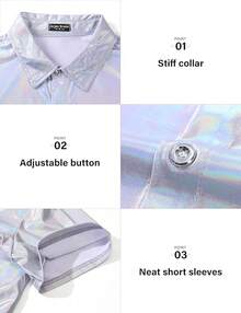 Mens Sequin Top 70s Outfit Disco Rave Party Collared T-Shirt Short Sleeve Breathable Metallic Shirthalloween - Putih - View 5