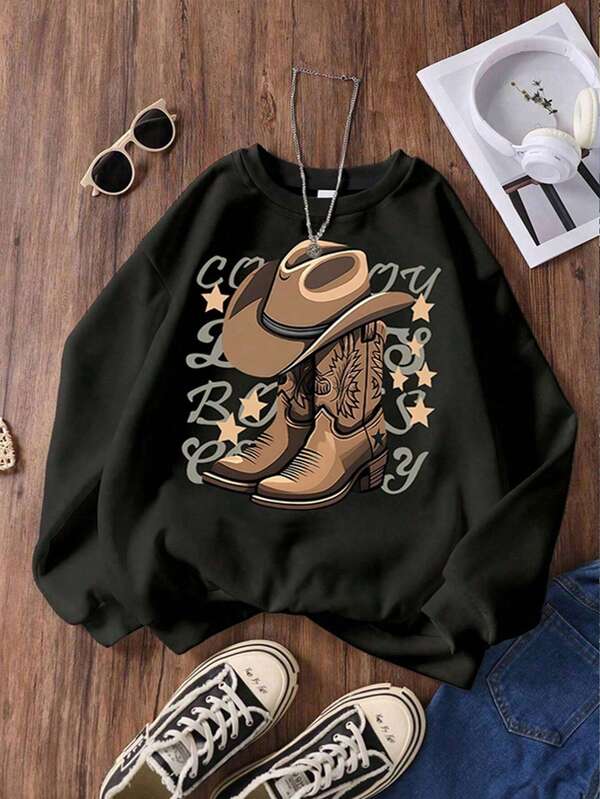 Tween Girl Loose Simple And Casual Western Cowboy Shoes Graphic Printing Round Neck Pullover Sweatshirt Autumn And Winter New Style