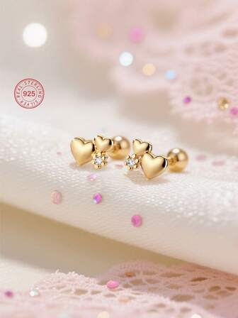 1 对 925 纯银防过敏双心耳钉，镶嵌闪亮方晶锆石，螺旋耳背，佩戴牢固，精致可爱，礼盒包装，适合日常佩戴或节日，适合送给女孩、朋友、返校、圣诞节的礼物