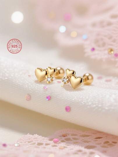 1 Pair 925 Sterling Silver Hypoallergenic Double Heart Stud Earrings, Inlaid With Sparkling Cubic Zirconia, Spiral Ear Backs For Secure Wear, Delicate & Cute, Gift Boxed, Suitable For Daily Wear Or Holidays, Gift For Girls, Friends, Back To School, Christmas