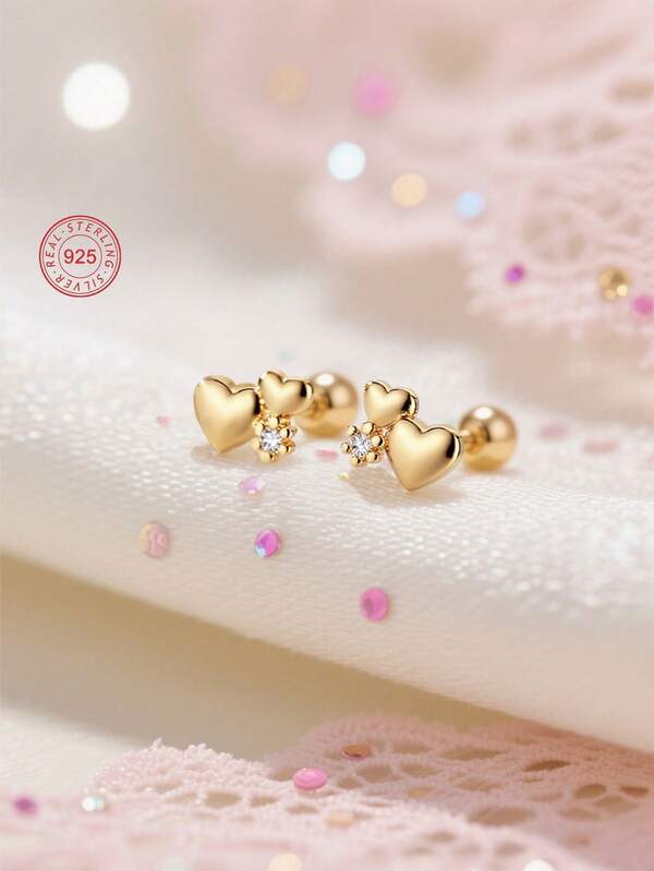 1 par de pendientes de botón de corazón doble de plata de ley 925 hipoalergénicos, incrustados con circonita cúbica brillante, con espirales para un uso , delicados y lindos, en caja de regalo, adecuados para uso diario o vacaciones, regalo para niñas, amigos, vuelta al colegio, Navidad