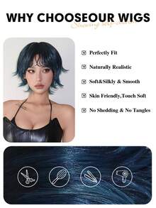 Tóc giả ngắn thẳng bằng sợi tổng hợp, dài 30cm, có mái, màu đen, thích hợp để đội hàng ngày, dự tiệc, cosplay và các dịp khác. - Màu xanh ombre - Xem 7