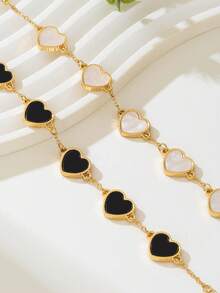 2pcs Fashionable Minimalist Elegant Heart-Shaped Valentine's Day Bracelet Set, Black & White, Versatile For Women - Black and White - View 3