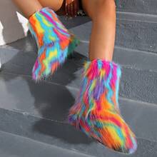 1 Paar bunte Kunstfell Fransen Wadenstiefel, einzigartiger Kontrastfarben Flausch-Details, Nischenstil, Kunstfell Material, auffallend für die Bühne, geeignet für alle Jahreszeiten, weicher Fellreißverschluss für den Hausgebrauch
