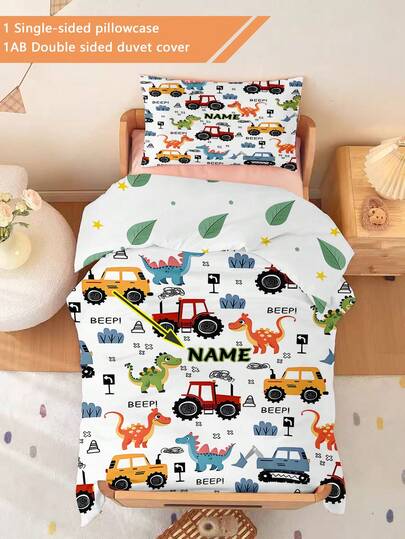 2PCS Customized Children's Cartoon Car Theme Bedding Set Double-Faced Printing Customized Bedding Set(1 Single-Sided Printed Pillowcase+1 Double-Sided Printed Duvet Cover),Set Nursery/Kindergarten, Digital Printed Cute Pattern Comforter Cover, Children's Duvet Cover And Pillowcase For Toddlers, Babies, Infants, Kids (The Pillowcase Size Of 90 * 200/135 * 200 Is 50 * 75)