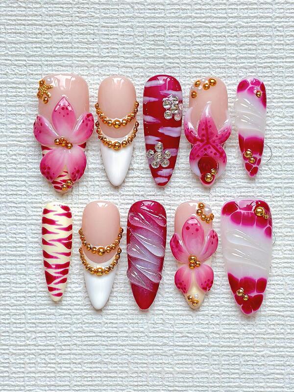 10pcs Y2K Elegant Almond-Shaped Long Nail Stickers - White French Tip With Red Ombre Floral, 3D Starfish And Crystal Gold Teardrop Charms - Mermaid Feast Nail Art Set, Reusable With Nail Glue And File - Goth, Halloween, Christmas Nail Supplies Nails Handmade Press On Nails