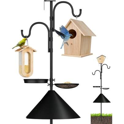 Bird Feeder Pole With Squirrel Proof Baffle,92 Inch Adjustable Double Shepherds Hook,Heavy Duty Hanging Bird House Pole Stand For Outdoors,Hummingbird Bird Bath Feeder Tray For Outside, Yard, Garden