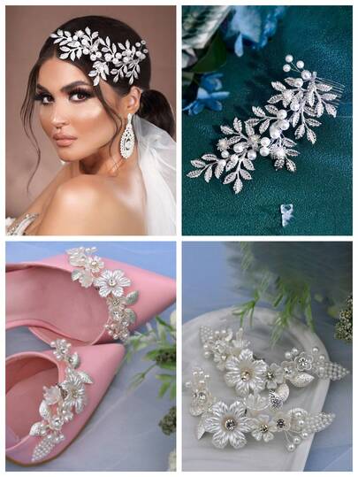 1 Set Elegant Pearl & Rhinestone Hair Comb And Shoe Clips, Detachable Design Suitable For Weddings, Banquets, Parties To Add Sophistication And Fashion For Brides And Bridesmaids